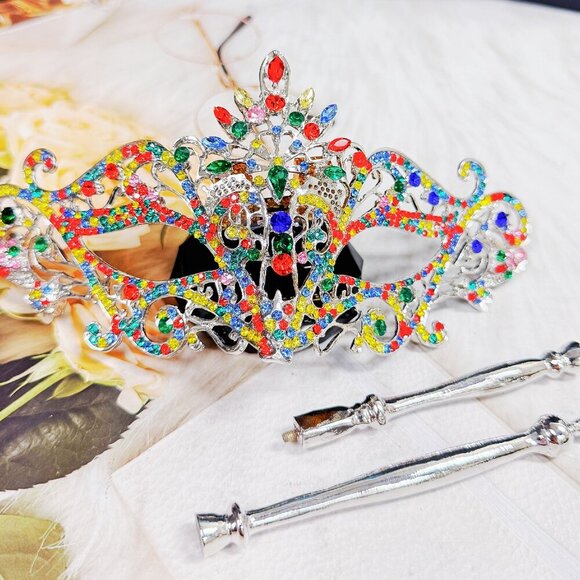 Rainbow Masquerade Mask, Crystal Handheld Mask, Silver Mask, Prom Mask, Pride - Picture 3 of 10